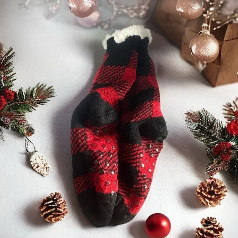 Sherpa Socks l Black & Red Buffalo Plaid l Non-skid Socks l Unisex l New